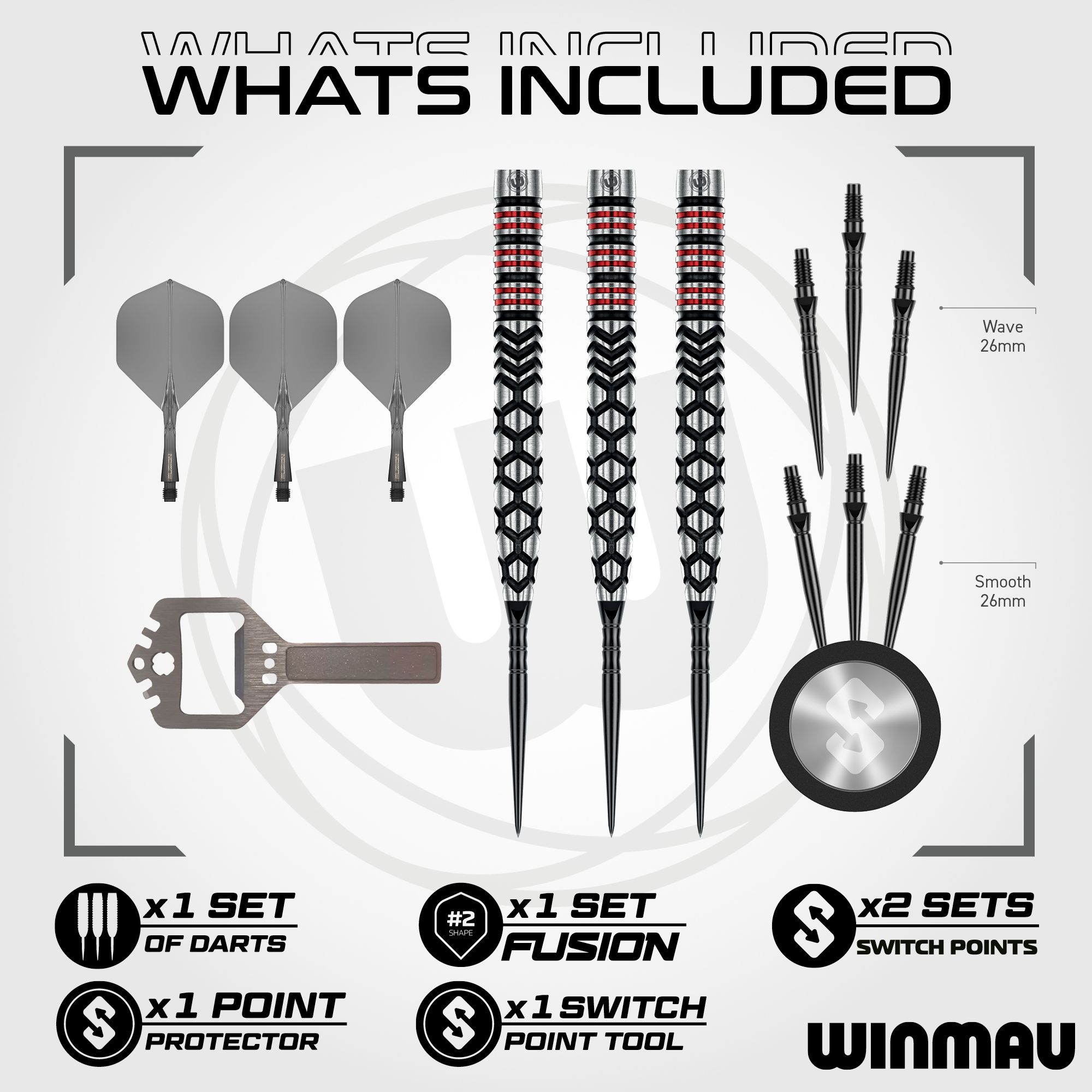 Winmau Fornax Tapered Switch Point Steeldarts Das Bild zeigt die Winmau Fornax Tapered Switch Point Steeldarts. Es sind hochwertige Darts mit einem spitz zulaufenden Design.