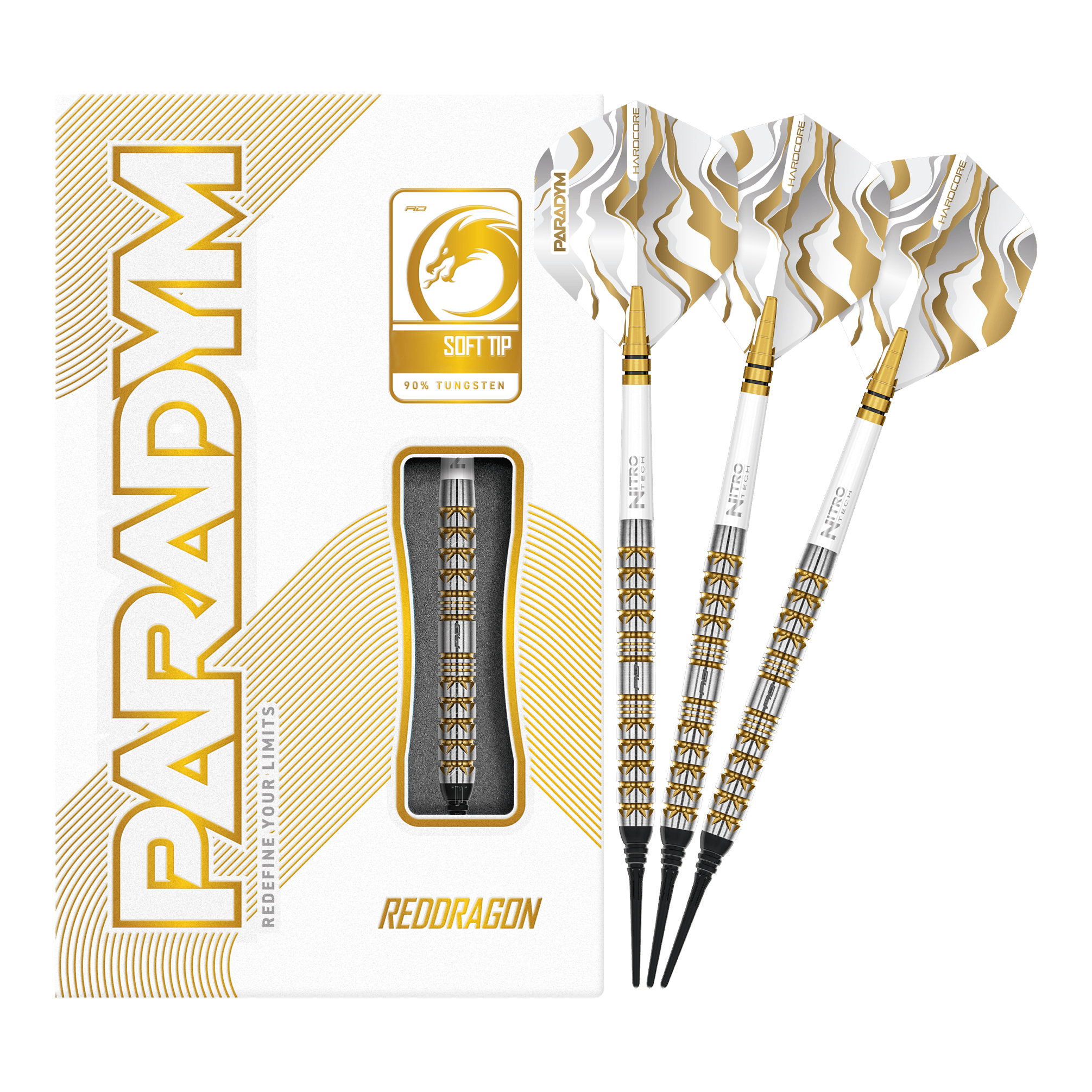 Das Bild zeigt die Red Dragon Paradym Gold Parallel Softdarts - 20g in voller Länge. Die goldfarbenen Darts wirken hochwertig und professionell.