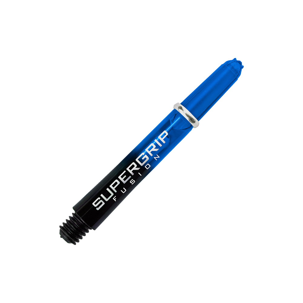 Das Bild zeigt einen Harrows Supergrip Fusion Shafts in Blau. Auf dem Schaft steht deutlich der Schriftzug "SUPERGRIP FUSION".