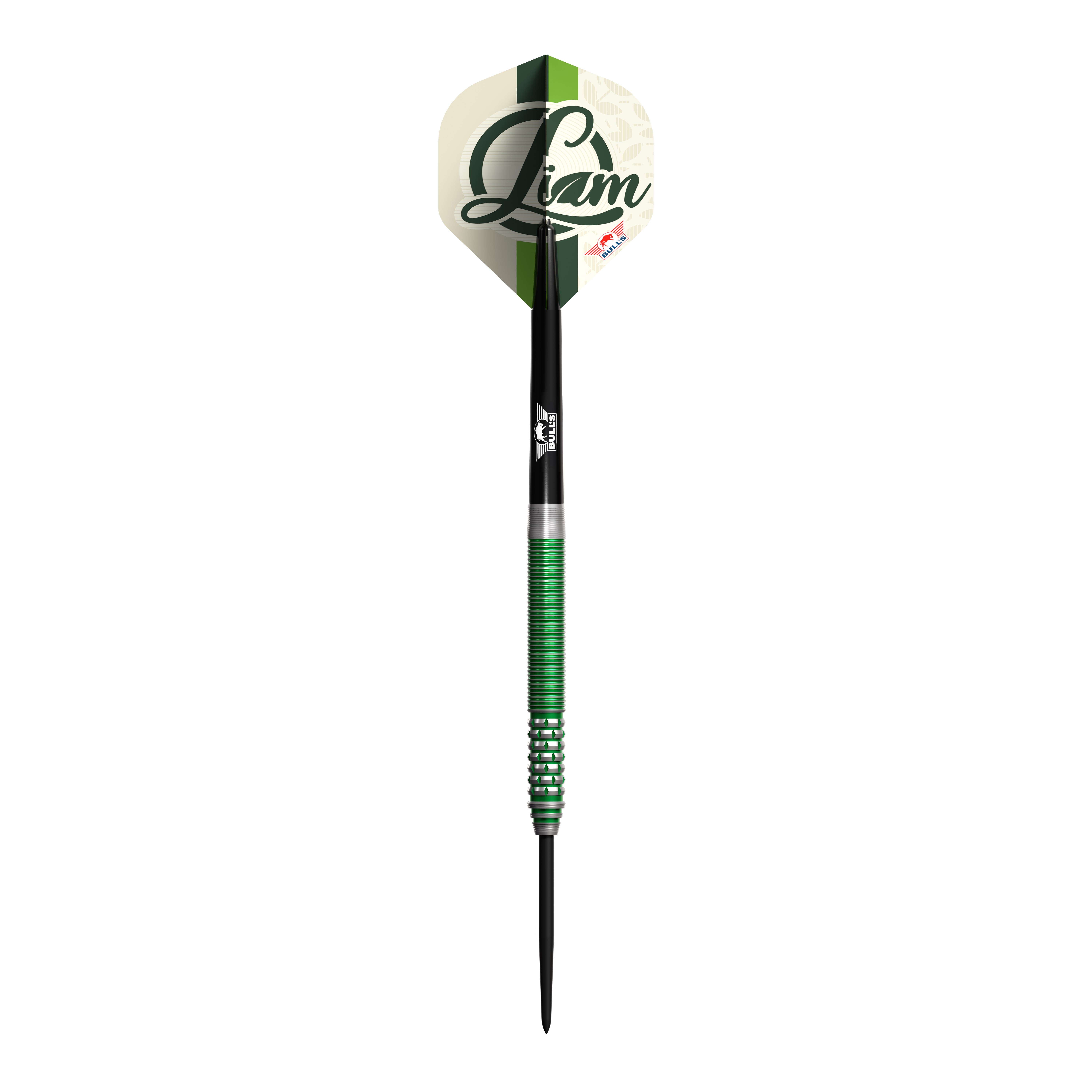 Bulls NL Liam Maendl Lawrance Steeldarts - 23g Auf dem Bild ist ein Steeldart mit grünen Akzenten und dem Namen "Liam" auf dem Flight zu sehen. Es handelt sich um das Produkt "Bulls NL Liam Maendl Lawrance Steeldarts - 23g".
