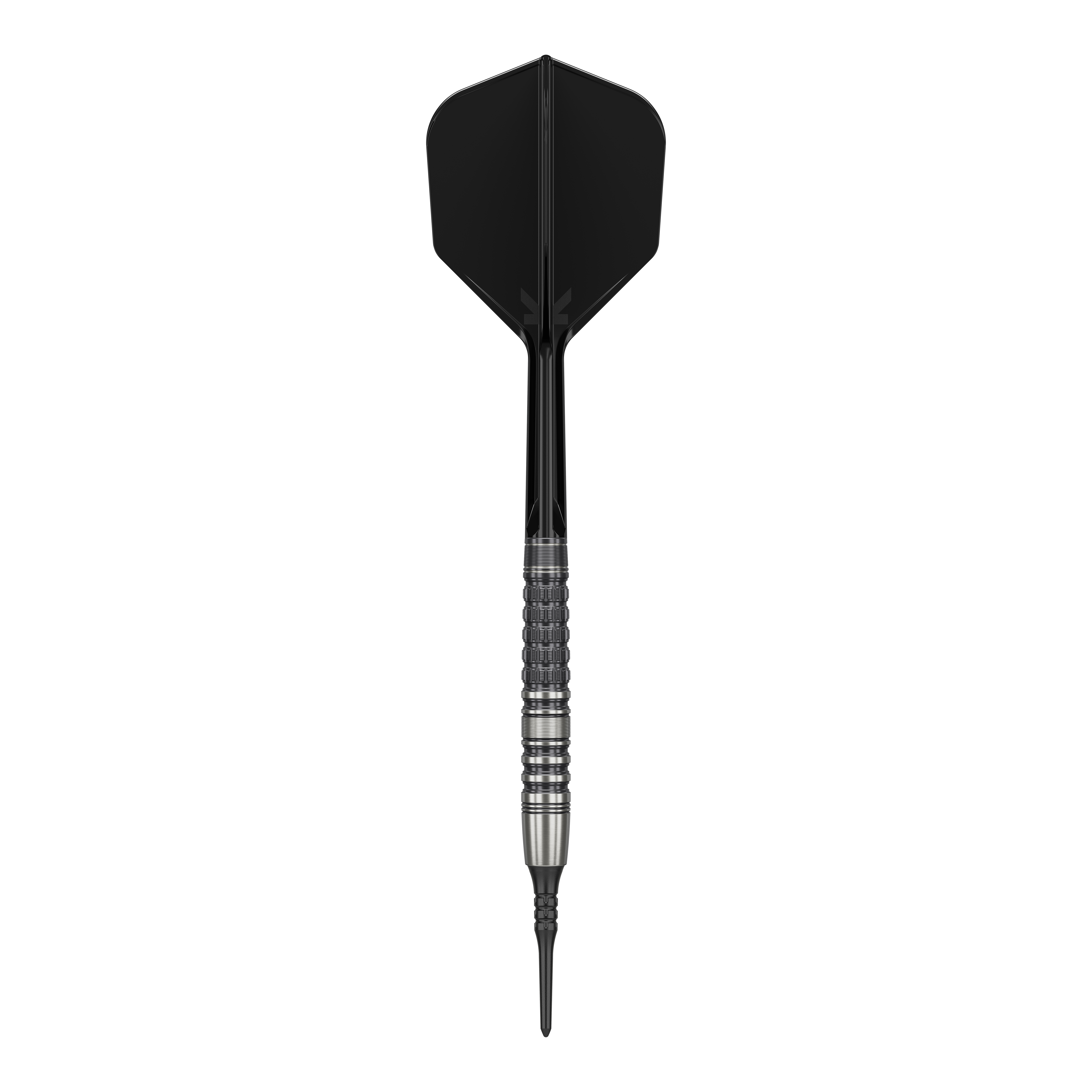 Das Bild zeigt einen Softdart mit schwarzer Spitze, schwarzem Shaft und Flight sowie einem silbernen, strukturierten Barrel. Es handelt sich um den "Target Japan Black Marque Lumiere GEN3 Softdarts - 18,5g".