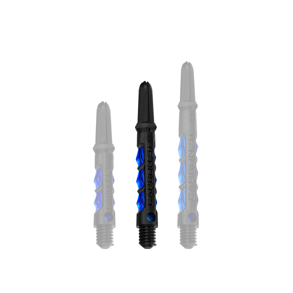 HR414_Harrows_Carbon_ST_Shafts_Blau_40mm_1ABUnMsKNMivIX Das Bild zeigt drei blaue Harrows Carbon ST Shafts in unterschiedlicher Länge. Sie sind schwarz mit blauen Akzenten und haben eine robuste, moderne Optik.
