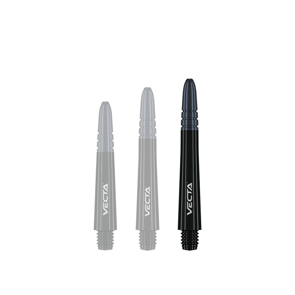 Das Bild zeigt drei schwarze Dart-Schäfte mit der Aufschrift "VECTA". Sie sind unterschiedlich lang und haben ein glänzendes, glattes Design.