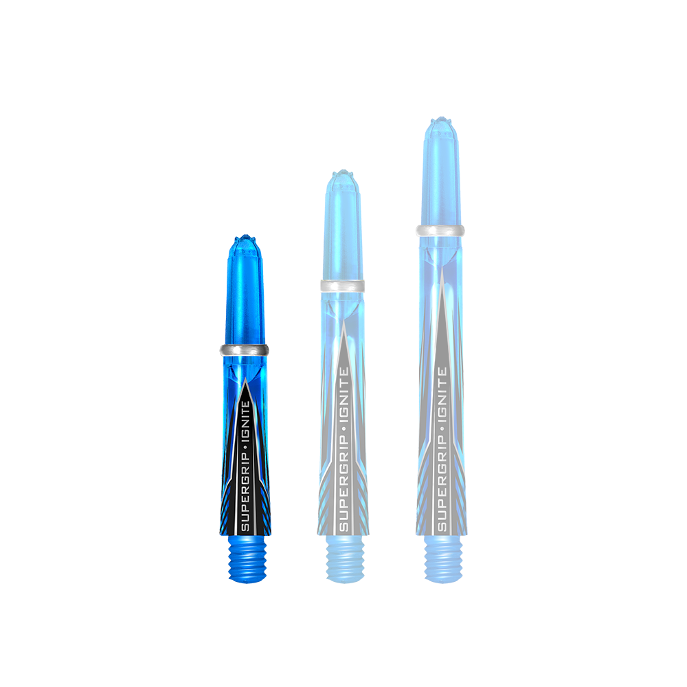 Das Bild zeigt drei Harrows Supergrip Ignite Shafts in der Farbe Aqua. Die Shafts sind unterschiedlich lang und haben ein modernes, blaues Design.