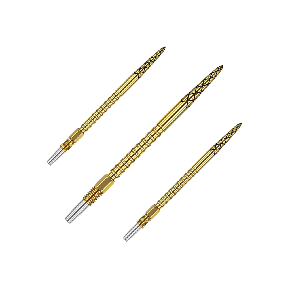 Auf dem Bild sind drei goldene Dartspitzen mit schwarzen Rillen zu sehen. Sie sind lang und haben ein silbernes Gewinde am unteren Ende.