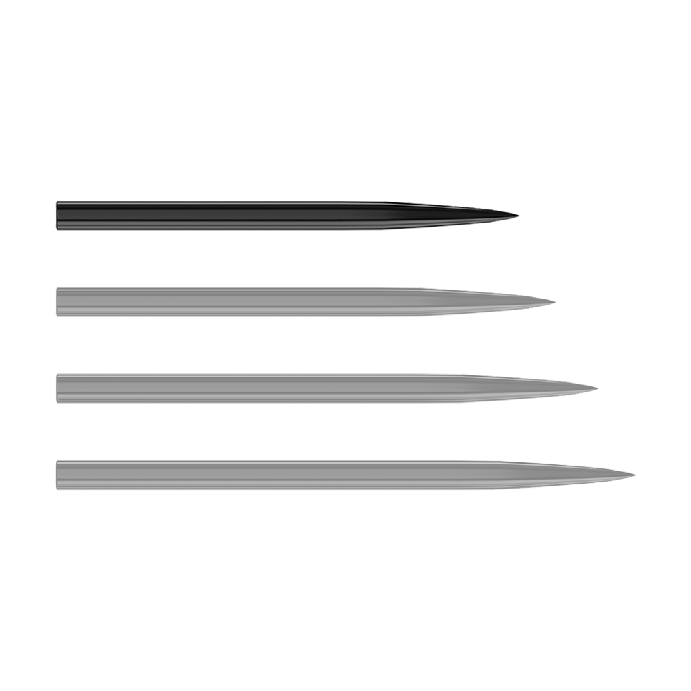 Harrows Steeldartspitzen - Schwarz Auf dem Bild sind vier schwarze Steeldartspitzen zu sehen, die nebeneinander liegen. Sie sind schlank und jeweils an einem Ende spitz zulaufend.