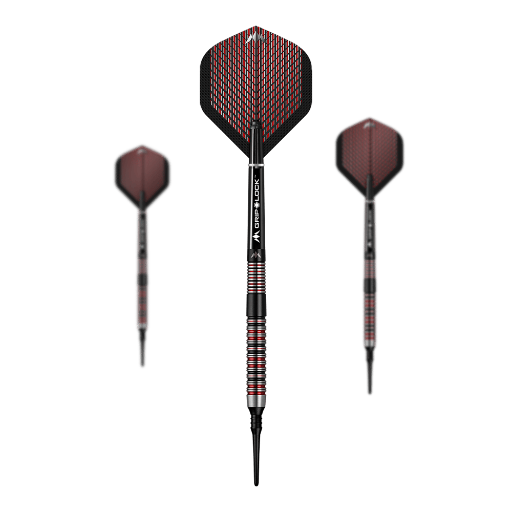 Mission Red Dawn Model 1 Softdarts - 19g Auf dem Bild sind drei Softdarts des Modells "Mission Red Dawn Model 1" mit einem Gewicht von 19 Gramm zu sehen. Die Darts haben rote und schwarze Akzente sowie eine auffällige Flight-Gestaltung.