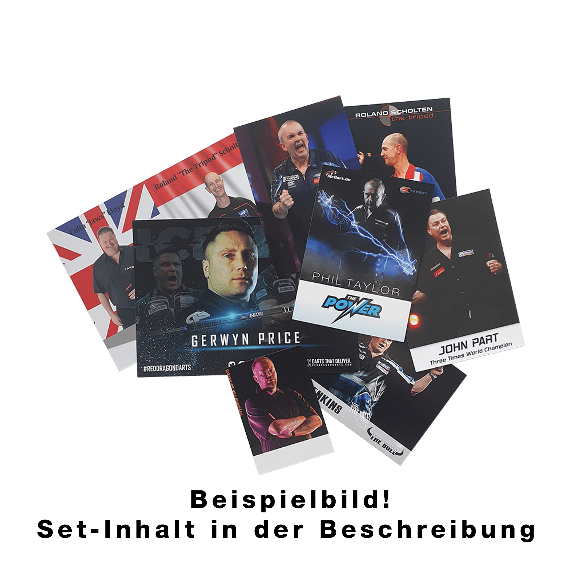 Spielerkarten-Set mit Autogramm Das Bild zeigt ein Set von Spielerkarten mit bekannten Dartspielern. Auf den Karten sind Fotos und Namen der Spieler abgebildet.