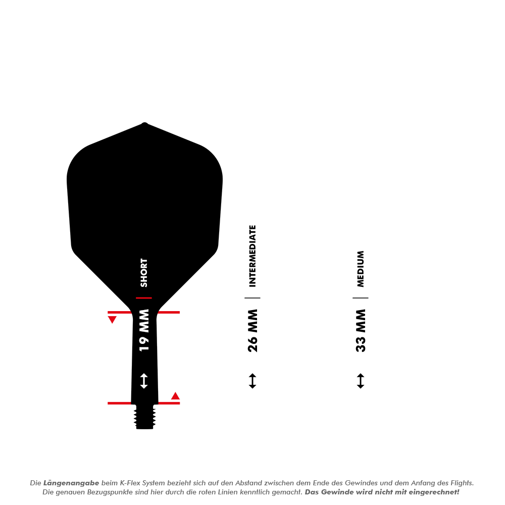Target Japan K-Flex Smash No2 Standard Flight-Shaft-System Das Bild zeigt drei verschiedene Längen von Dart-Schäften: 19 mm (Short), 26 mm (Intermediate) und 33 mm (Medium). Die roten Linien markieren die Messpunkte zwischen dem Ende des Gewindes und dem Anfang des Flights.