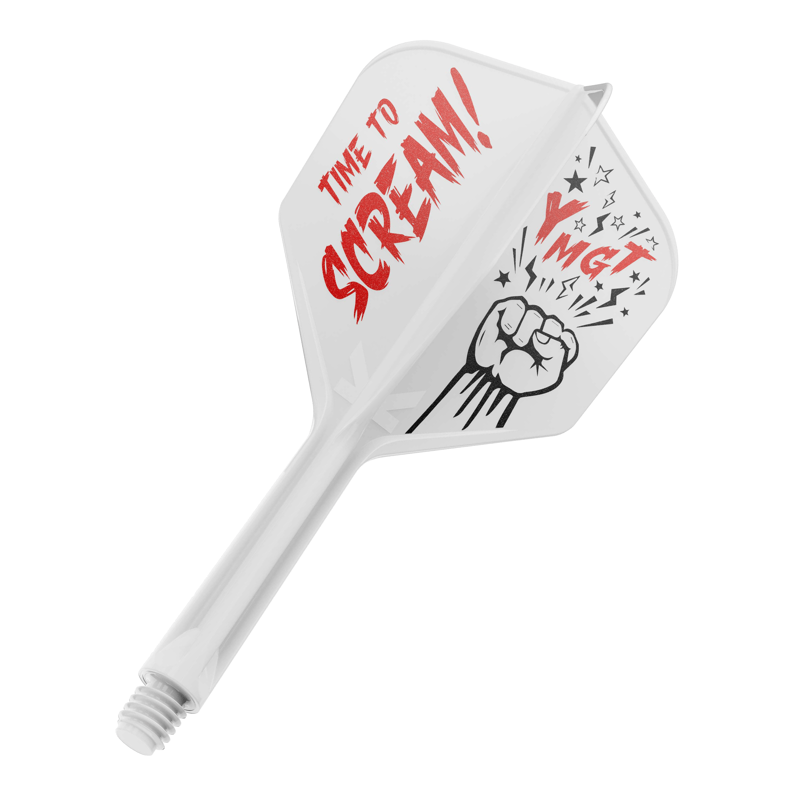 Das Bild zeigt eine weiße Dartflight- und Shafts-Kombination mit einem auffälligen Design. Auf dem Flight steht "TIME TO SCREAM!" in roten Buchstaben und daneben ist eine gezeichnete Faust mit Sternen zu sehen.