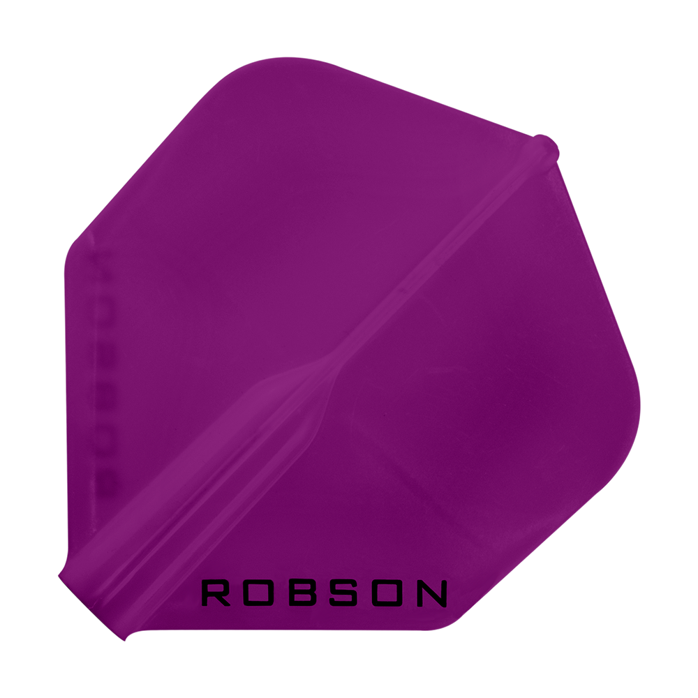Robson Plus Standard Flights Das Bild zeigt ein violettes Dartflugblatt in Standardform. Unten auf dem Flugblatt steht das Wort "ROBSON".