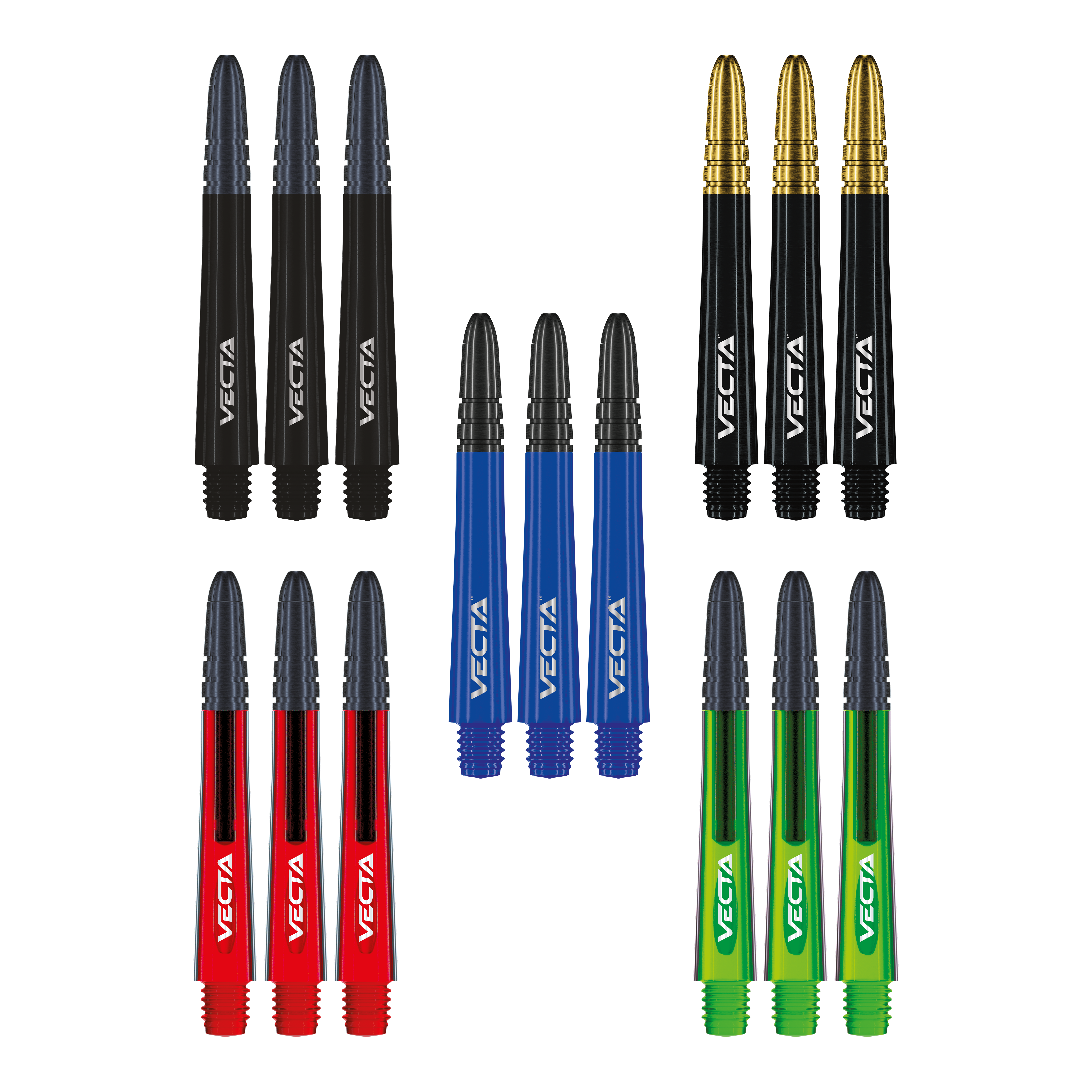Das Foto zeigt die Winmau Vecta Shaft Collection. Die Sammlung umfasst verschiedene Dartschäfte.