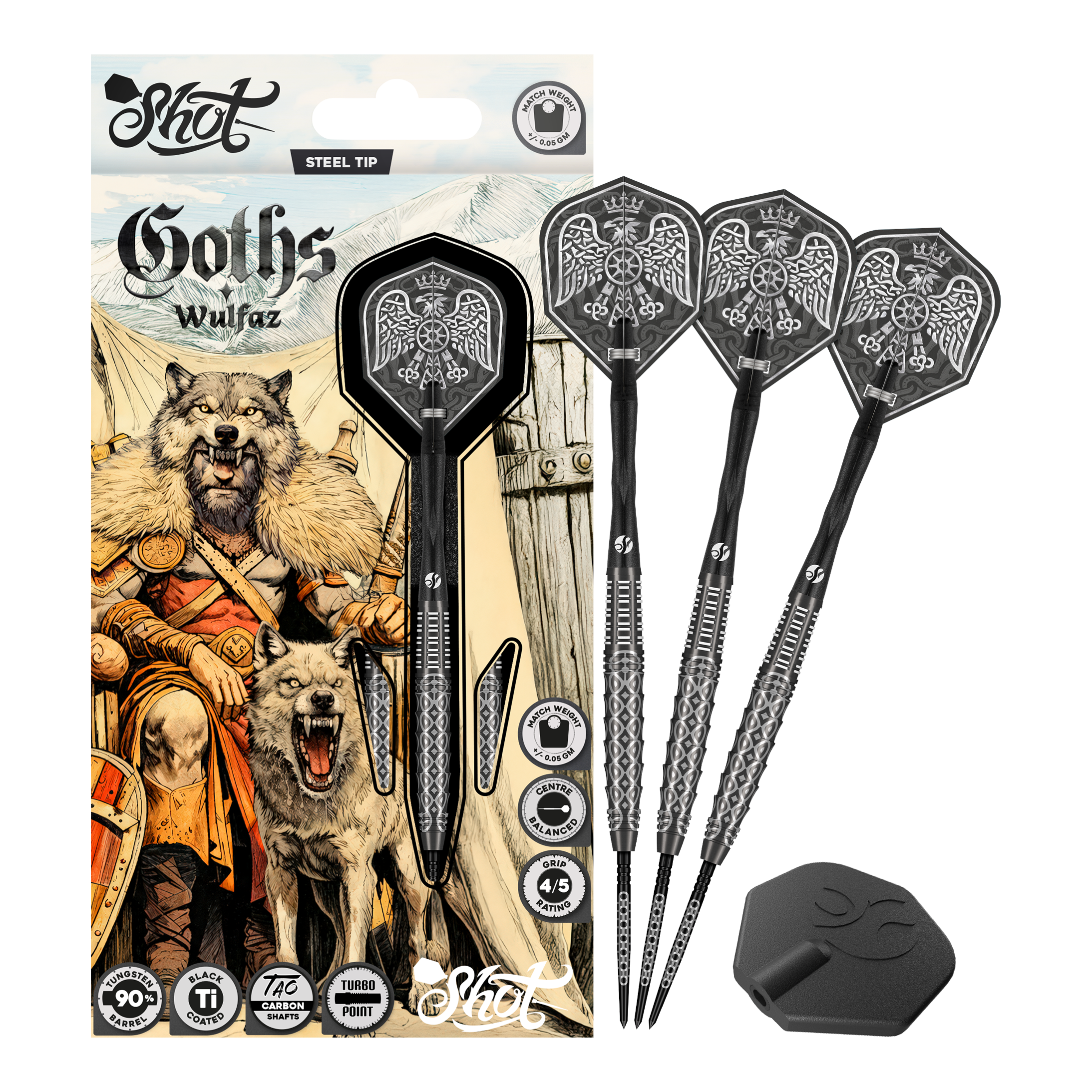 Shot Goths Wulfaz Turbo Point Steeldarts - 23g Auf diesem Bild sieht man die Shot Goths Wulfaz Turbo Point Steeldarts - 23g in voller Ansicht. Das Design ist auffällig und für Dart-Fans interessant.