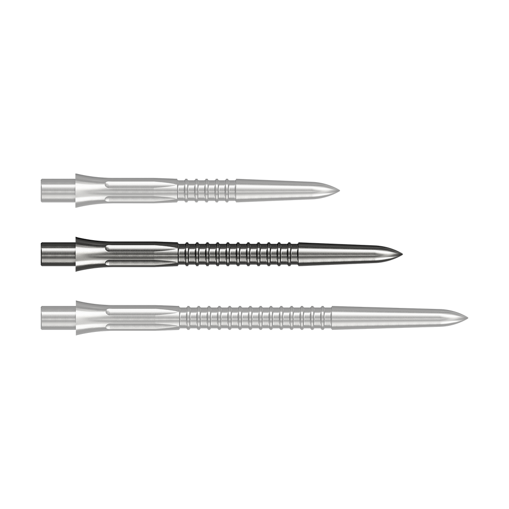 Mission Caliburn EVO Dartspitzen GV1 - Silber Das Bild zeigt eine einzelne silberne Steeldartspitze mit 32 mm Länge. Die Spitze ist in Nahaufnahme dargestellt.