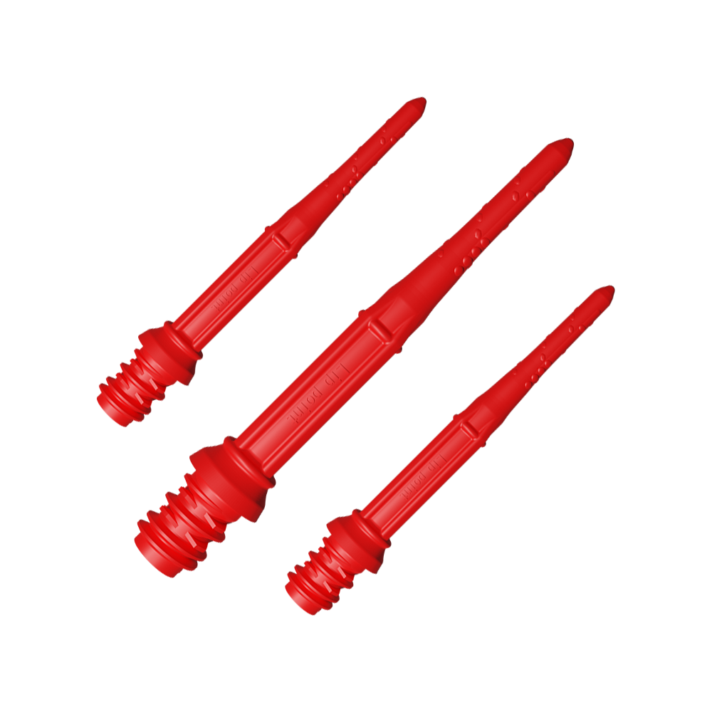 LIP45_L-Style_Premium_Lippoints_30_Softdartspitzen_30erPack_Rot_1 Auf dem Bild sind drei rote Softdartspitzen zu sehen. Sie sind nebeneinander angeordnet und haben ein schlankes, geriffeltes Design.