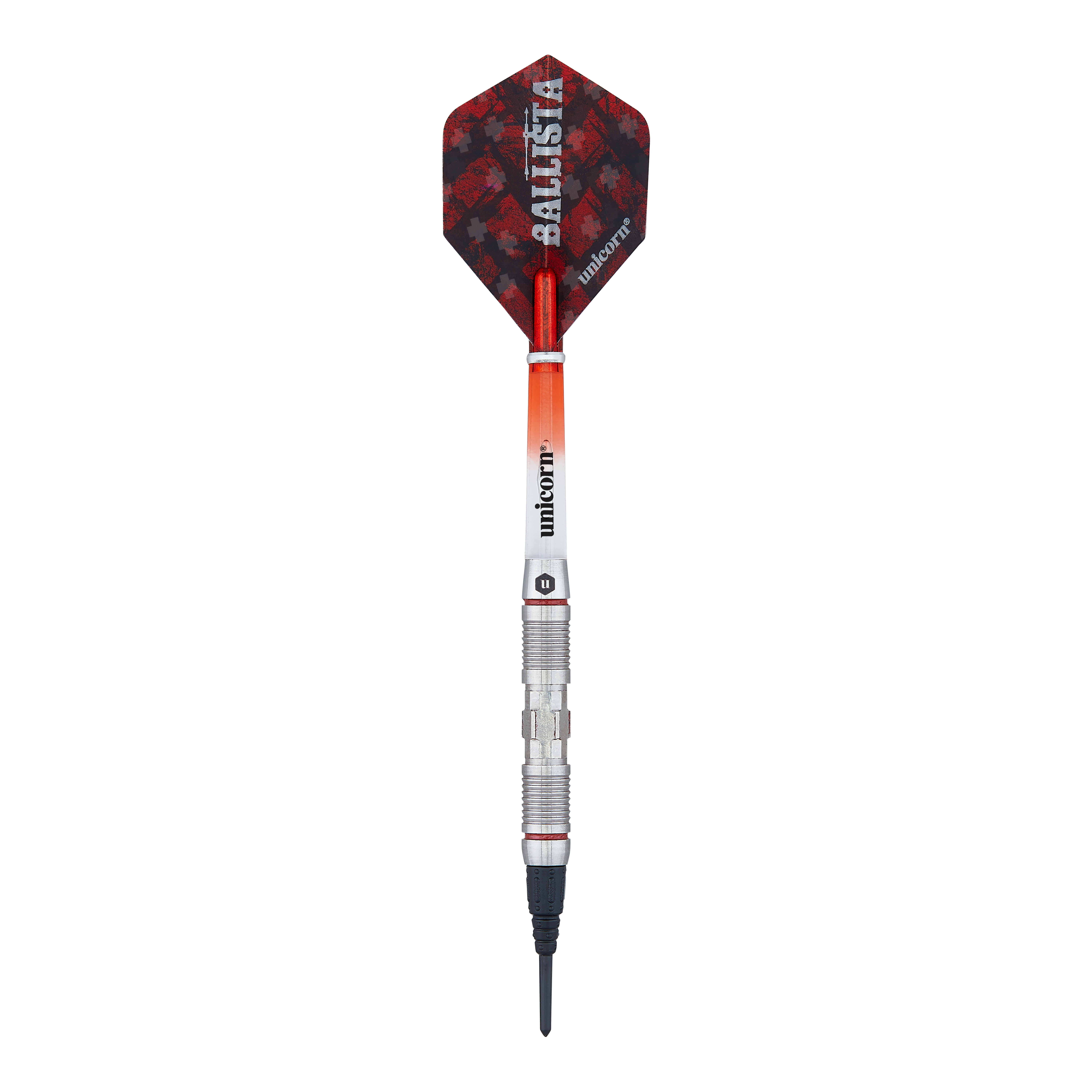 Unicorn Ballista Style 2 Softdarts Das Bild zeigt einen Softdart aus der Produktreihe "Unicorn Ballista Style 2". Der Dart hat eine rot-schwarze Flight und einen silbernen, strukturierten Schaft.