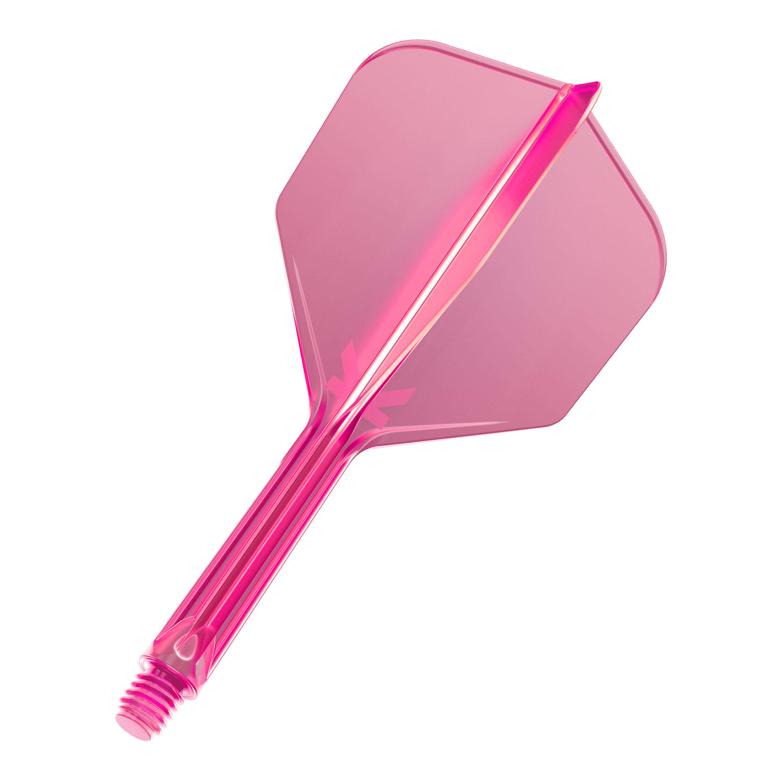 Das Bild zeigt eine neonpinke Dartflügel-Kombination. Der Flight ist aus einem Stück gefertigt und hat ein transparentes Design.