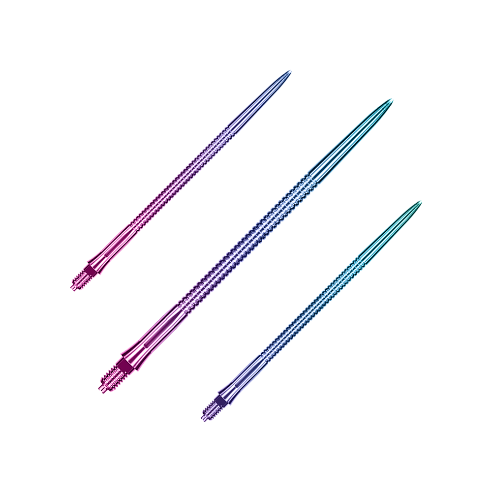 Das Bild zeigt ein Set von Dartspitzen in Regenbogenfarben mit Rillen. Die Spitzen sind für das Caliburn EZ-EVO Modell und 50 mm lang.