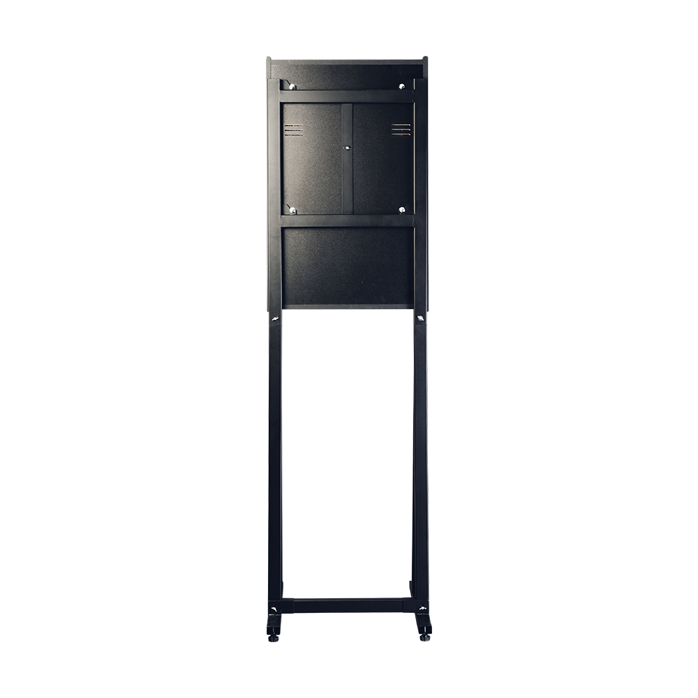 Karella_E-Master_Dartautomat_Standfuss_Ohne_M-nzeinwurf_2 Das Bild zeigt den Karella E-MASTER Dartautomaten ohne Münzeinwurf. Das Gerät steht auf einem stabilen schwarzen Gestell mit Rollen.