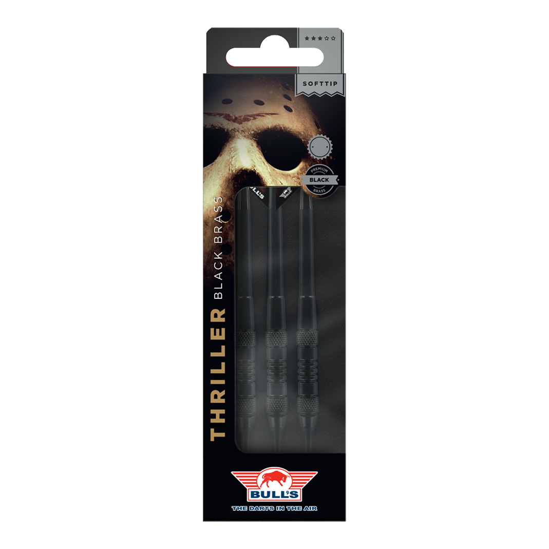 Bulls NL Thriller Black Brass Softdarts - 18g Hier sind Bulls NL Thriller Black Brass Softdarts mit einem Gewicht von 18 Gramm abgebildet. Die Darts sind für das Softdartspiel konzipiert.