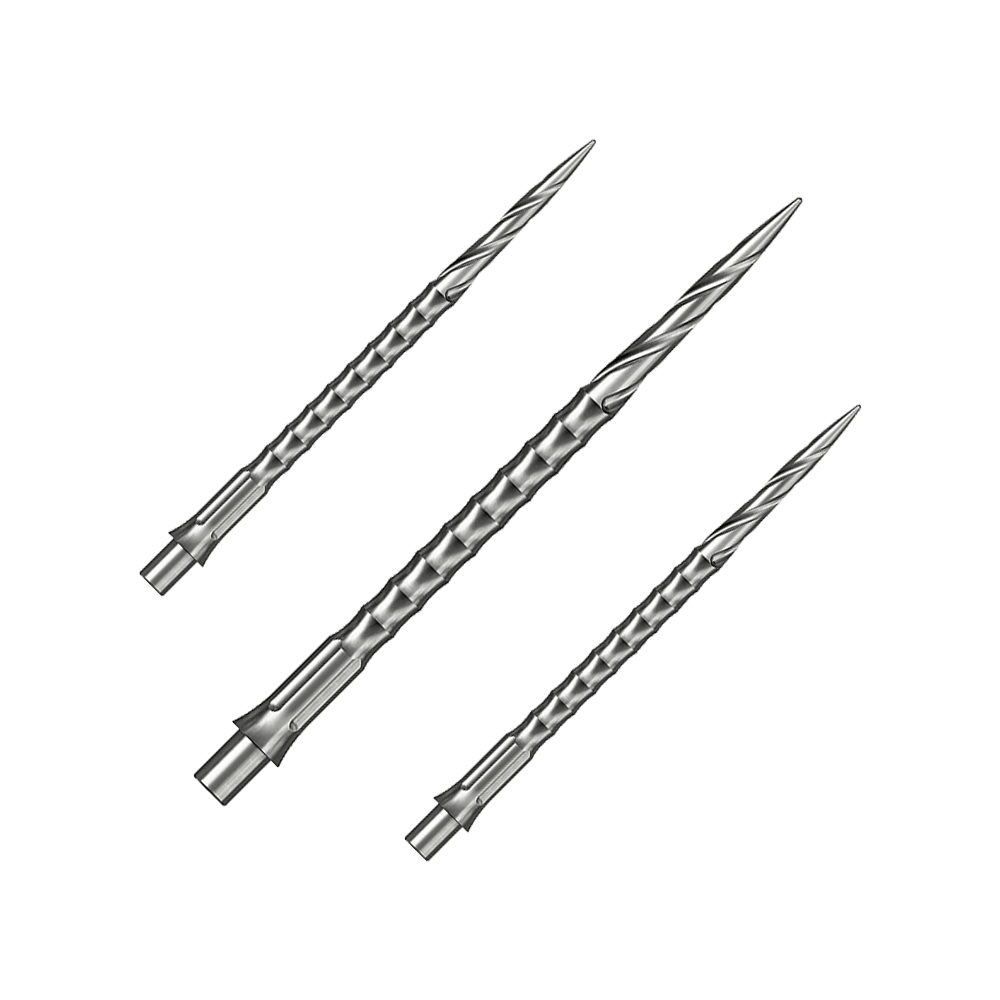 Dieses Bild zeigt ein Set von silbernen Steeldartspitzen des Caliburn Evo Systems. Das Spiro NoLip Design ist erkennbar, die Spitzen sind 40 mm lang.