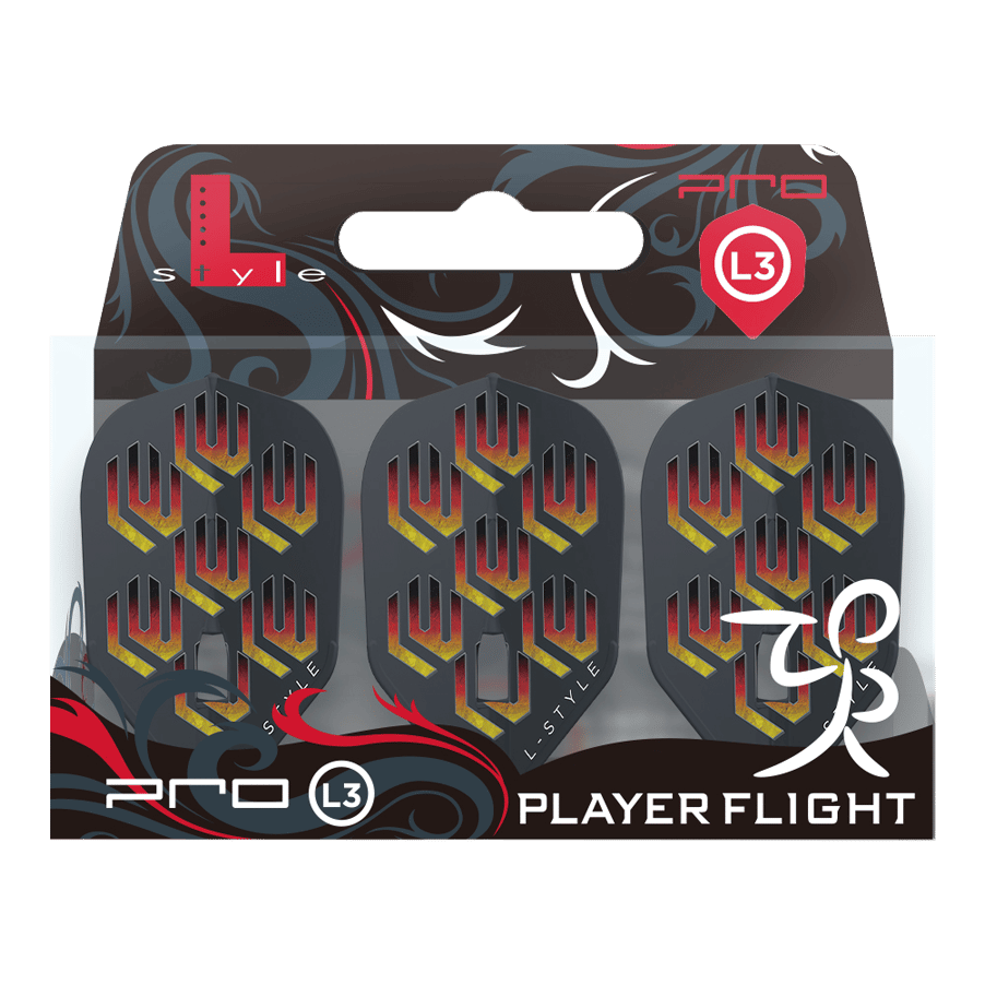 L-Style Lukas Wenig V1 Black L3PRO Flights Das Bild zeigt die "L-Style Lukas Wenig V1 Black L3PRO Flights" in ihrer Verpackung. Die Flights sind schwarz mit einem rot-gelben Muster und dem Schriftzug "L-Style".