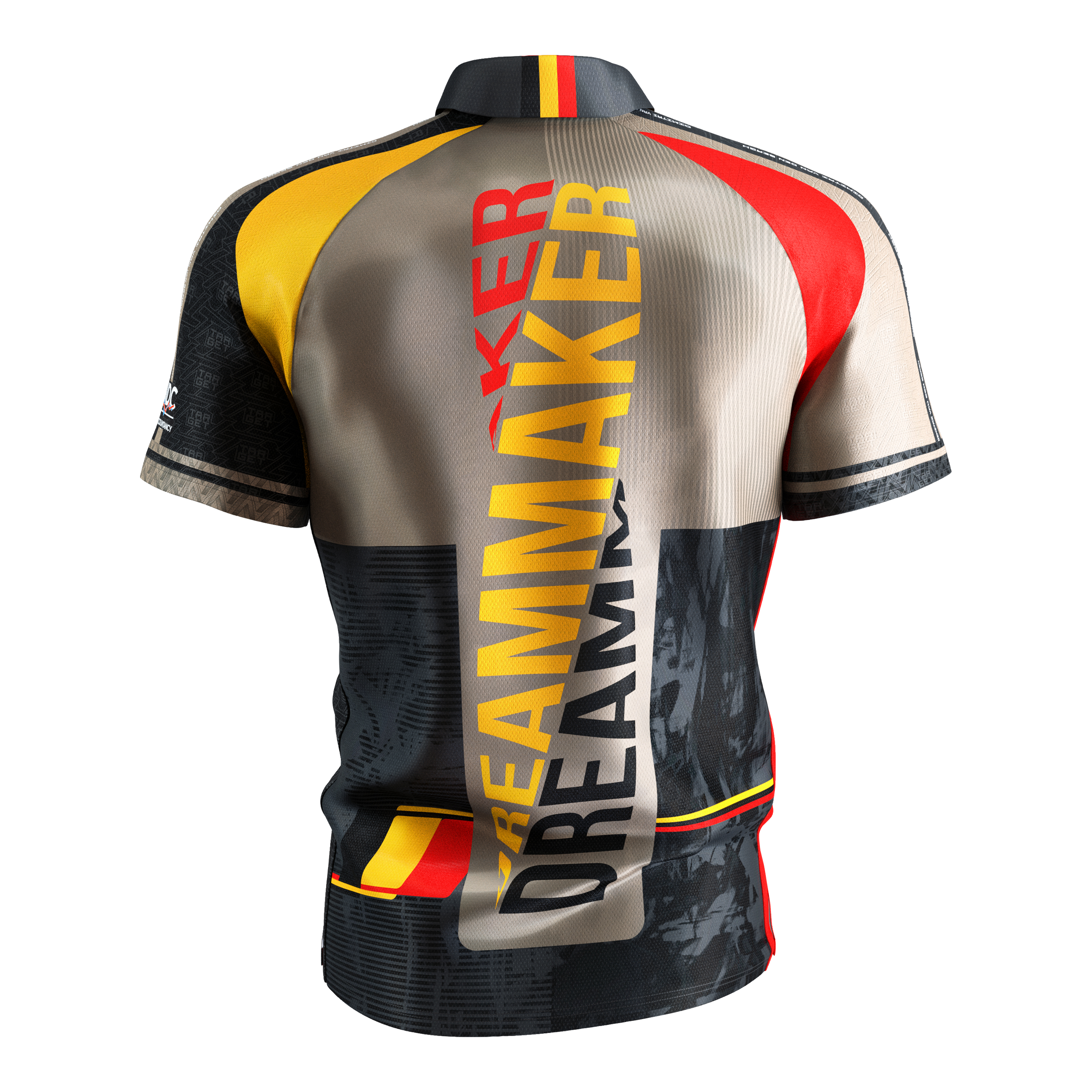 Target Coolplay Dimitri Van Den Bergh 2025 Dartshirt Dies ist das Target Coolplay Dimitri Van Den Bergh 2025 Dartshirt. Auf der Rückseite steht in großen Buchstaben "DREAMMAKER" und das Shirt hat auffällige Farben in Gelb, Rot und Schwarz.