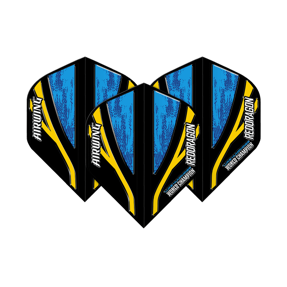 Red Dragon Airwing Luke Humphries World Champion Black Blue Standard Flights Das Bild zeigt drei Dartflights mit dem Namen "Red Dragon Airwing Luke Humphries World Champion Black Blue Standard Flights". Die Flights sind überwiegend blau und schwarz mit gelben Akzenten und weißer Schrift.