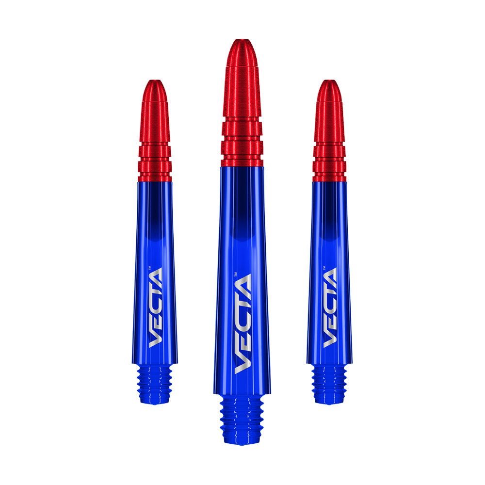 Das Bild zeigt drei blaue und rote Dartschäfte der Marke Vecta. Die Schäfte sind aus Metall gefertigt und haben das Vecta-Logo aufgedruckt.
