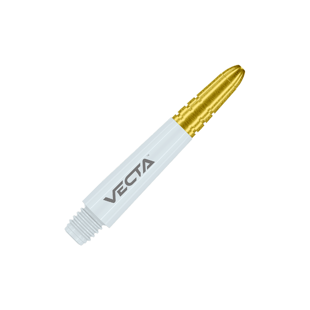 Auf dem Bild ist ein weiß-goldener Dartschaft mit der Aufschrift "VECTA" zu sehen. Das vordere Stück ist goldfarben, während der Rest weiß ist.