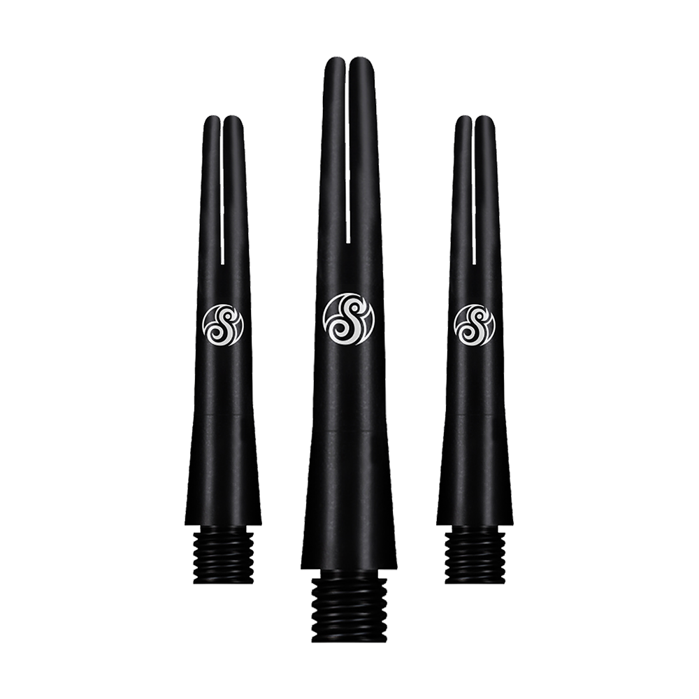 SM3809-S_Shot_Aluminium_Shafts_Black_35mm_1 Das Bild zeigt drei schwarze Aluminium-Schäfte für Pfeile. Auf jedem Schaft ist ein weißes, rundes Logo abgebildet.