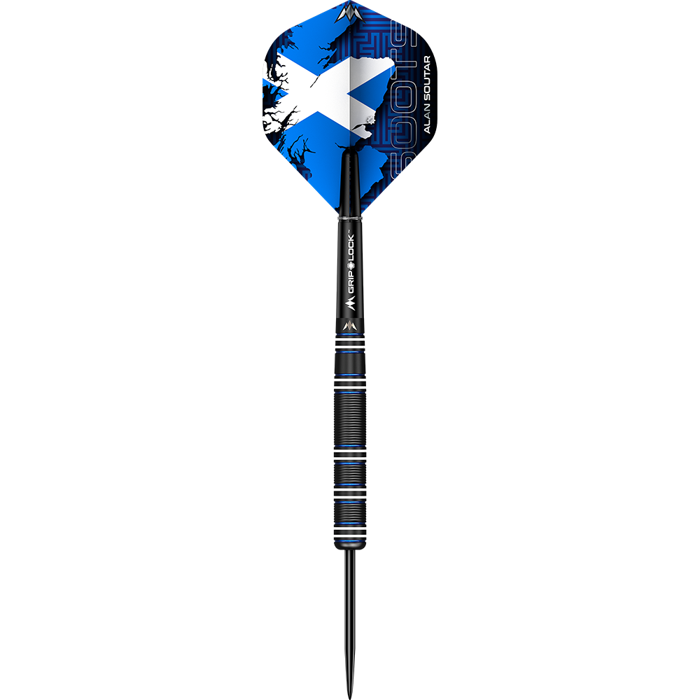 M001355_Mission_Alan_Soutar_Black_Titanium_Steeldarts_1loEiPNSzBIKeu Dies ist ein Steeldart der Marke Mission Alan Soutar Black Titanium mit einem Gewicht von 24g. Die Flights sind blau mit einem weißem Kreuz und schwarzen Mustern verziert.