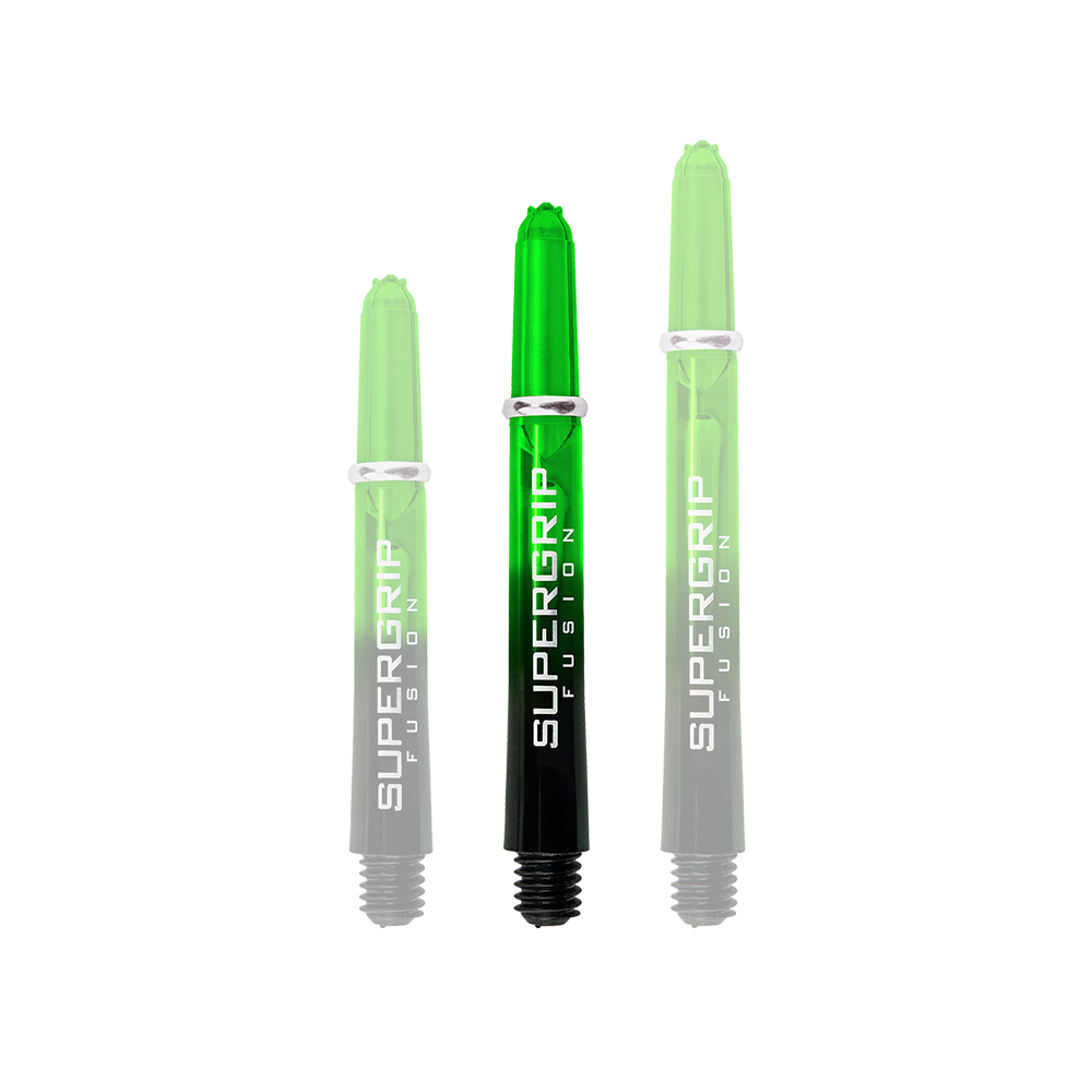 HR340_Harrows_Supergrip_Fusion_Shafts_Gr-n_40mm_1n51RZL1WLzsbA Das Bild zeigt drei grüne Harrows Supergrip Fusion Shafts in unterschiedlichen Längen. Die Schrift "SUPERGRIP FUSION" ist deutlich auf jedem Shaft zu sehen.