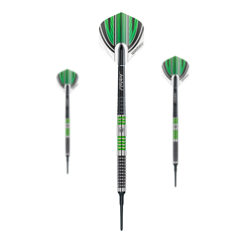 Winmau Daryl Gurney Special Edition Softdarts Das Bild zeigt drei Winmau Daryl Gurney Special Edition Softdarts mit grünen und schwarzen Akzenten. In der Mitte ist ein Dartpfeil groß dargestellt, während zwei kleinere Pfeile links und rechts daneben zu sehen sind.