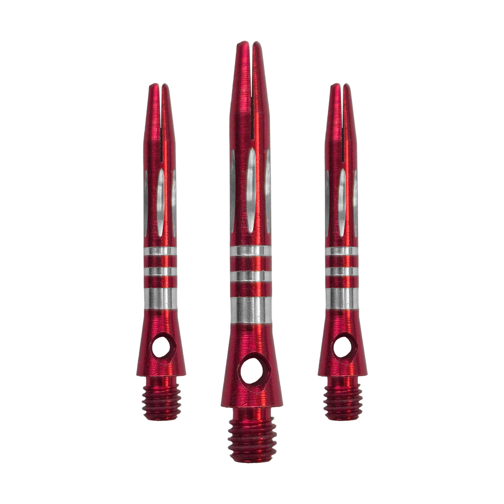 Ringed Diamond Cut Aluminium Shafts - Rot - 35 mm Das Bild zeigt ein Set der Ringed Diamond Cut Aluminium Shafts - Rot - 35 mm. Mehrere rote Aluminium-Dartschäfte liegen nebeneinander.