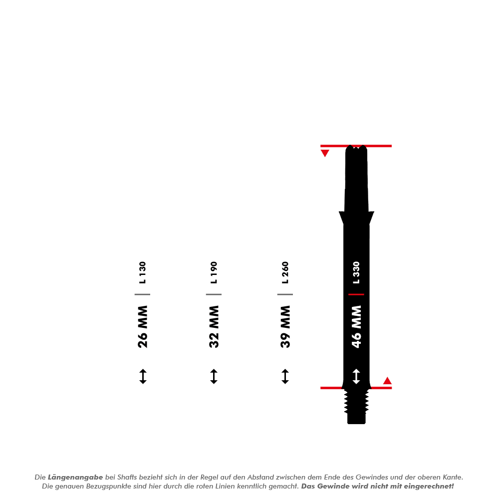 Das Bild zeigt vier unterschiedlich lange Dartschäfte mit Längenangaben in Millimetern (26 mm, 32 mm, 39 mm und 46 mm). Die Messpunkte für die Längen sind durch rote Linien markiert, und das Gewinde wird bei der Längenermittlung nicht mit einberechnet.