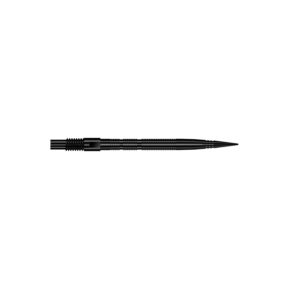 Harrows Quick Point Micro Ridge Dartspitzen - Schwarz Abgebildet sind schwarze Dartspitzen mit einer Länge von 30 mm und feiner Rillenstruktur. Dieses Zubehör ist für den Austausch bei Dartpfeilen geeignet.
