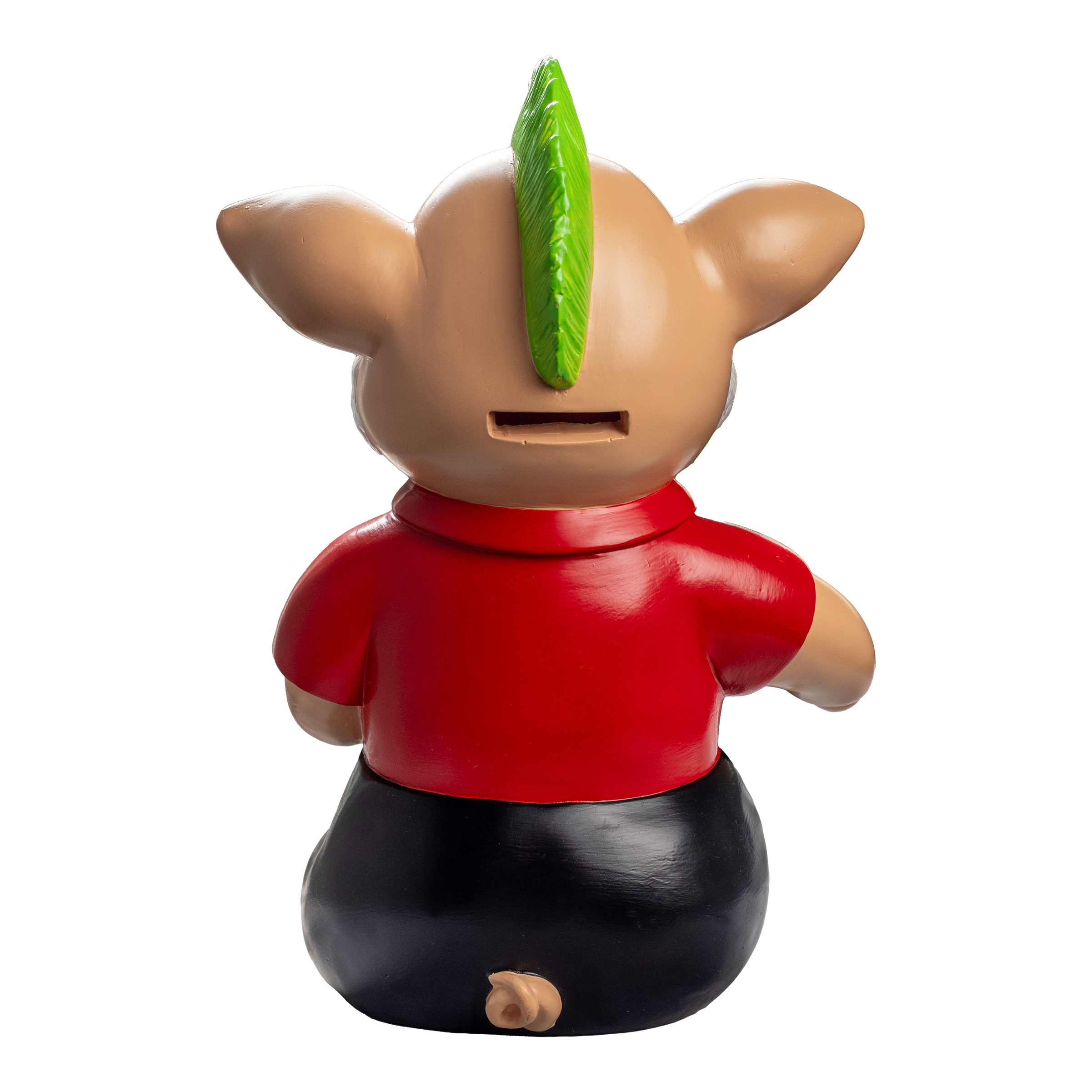Sport1 Grinch Phrasenschwein Das Bild zeigt das "Sport1 Grinch Phrasenschwein" von hinten. Das Schwein trägt ein rotes Oberteil, eine schwarze Hose und hat einen grünen Kamm auf dem Kopf.