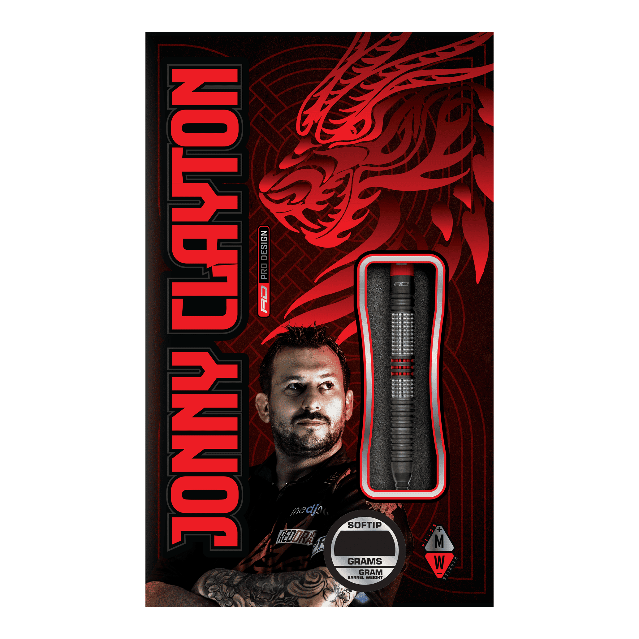 Red Dragon Jonny Clayton Hiraeth Softdarts - 20g Die Abbildung zeigt die Verpackung der „Red Dragon Jonny Clayton Hiraeth Softdarts - 20g“. Auf der Vorderseite sind der Dart, ein Porträt von Jonny Clayton und ein roter Drachen als Design-Element zu sehen.