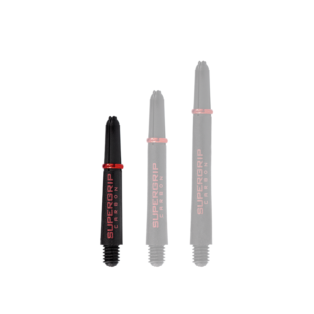 Das Bild zeigt drei Dartschäfte der Marke "Harrows Supergrip Carbon" in Rot. Die Schäfte sind in verschiedenen Längen dargestellt und haben ein schwarzes Design mit roten Akzenten.