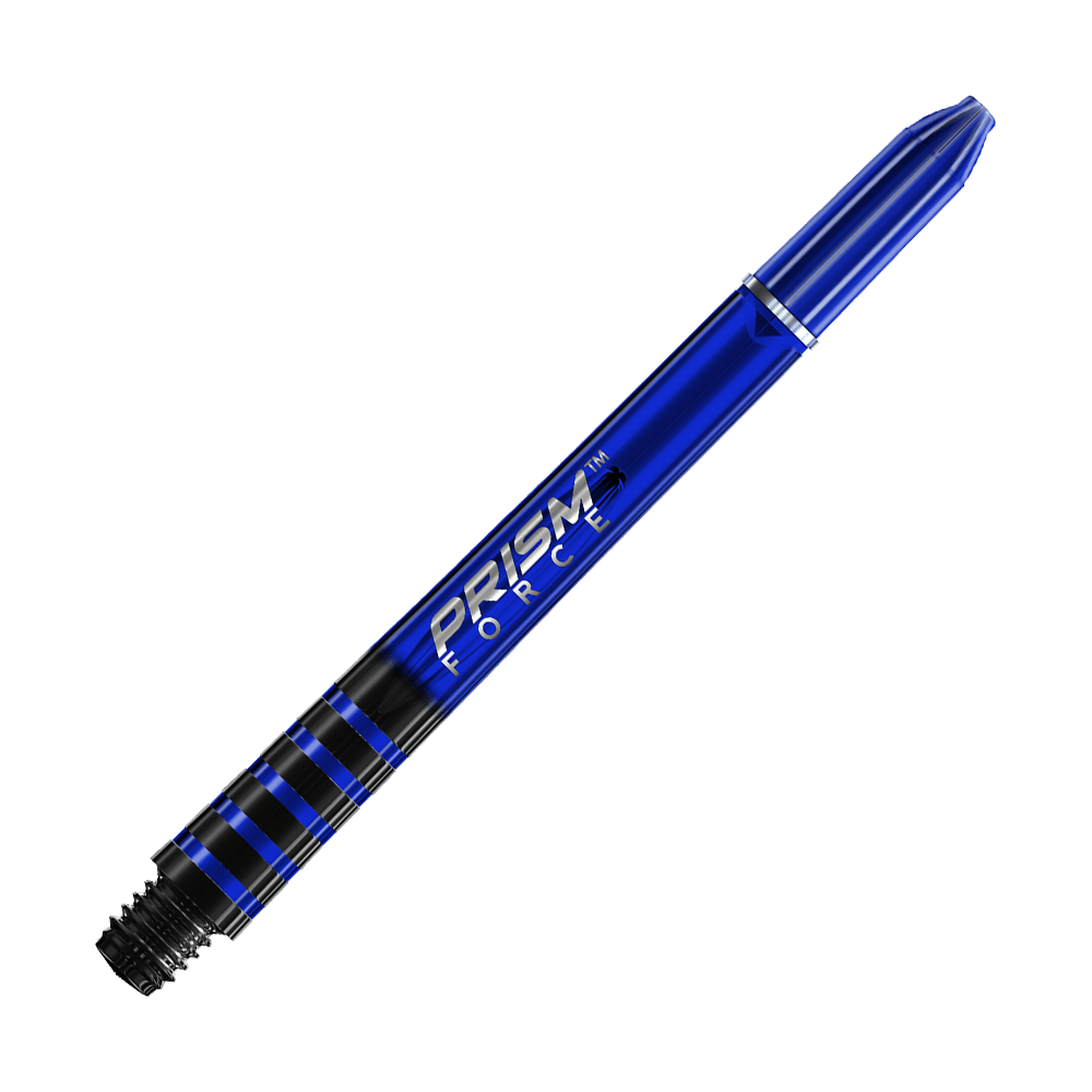 Auf dem Bild ist ein blauer Dartshaft mit der Aufschrift "PRISM FORCE" zu sehen. Der Hintergrund ist mit blauen und weißen Streifen gestaltet.