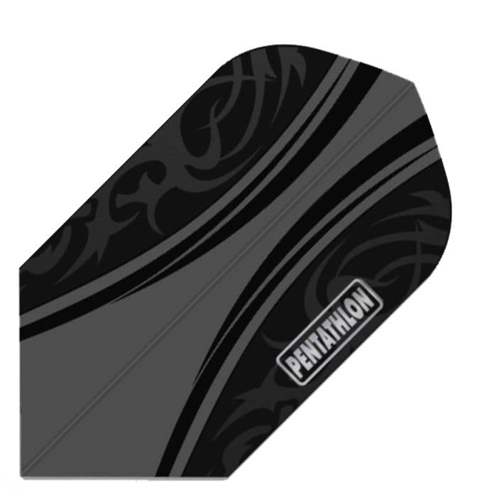 Pentathlon-Flight-PNT1062-Grey Das Bild zeigt einen schwarzen Dart Flight mit dem Namen "Pentathlon Slim Black Flights P195". Auf dem Flight sind Muster und das Wort "Pentathlon" zu sehen.