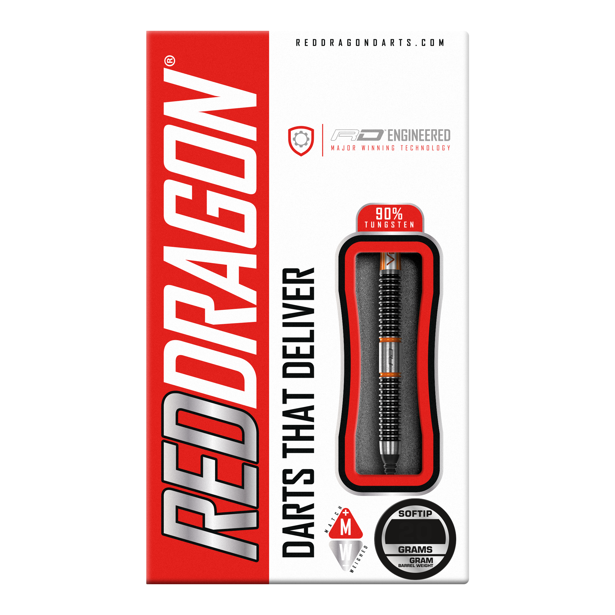 Red Dragon Amberjack 18 Softdarts - 20g Auf dem Bild ist die Verpackung der "Red Dragon Amberjack 18 Softdarts - 20g" zu sehen. Die Verpackung ist überwiegend rot und weiß und zeigt einen Softdart mit 90% Tungsten.