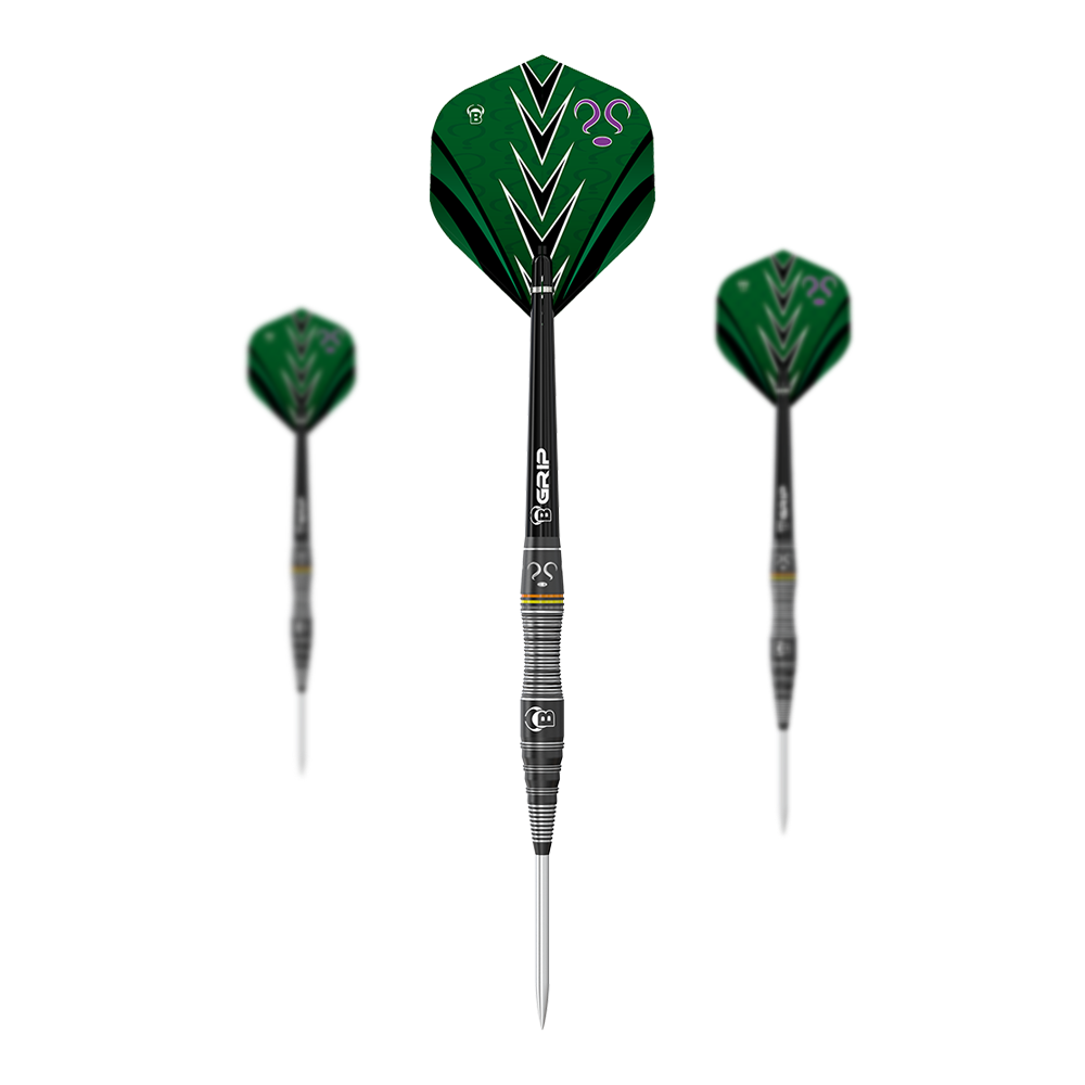Bulls Brian Raman The Riddler Steeldarts Auf dem Bild sind drei Steeldarts des Modells "Bulls Brian Raman The Riddler" zu sehen. Die Flights sind vorwiegend grün mit schwarzen und weißen Akzenten sowie einem lilafarbenen Fragezeichen.