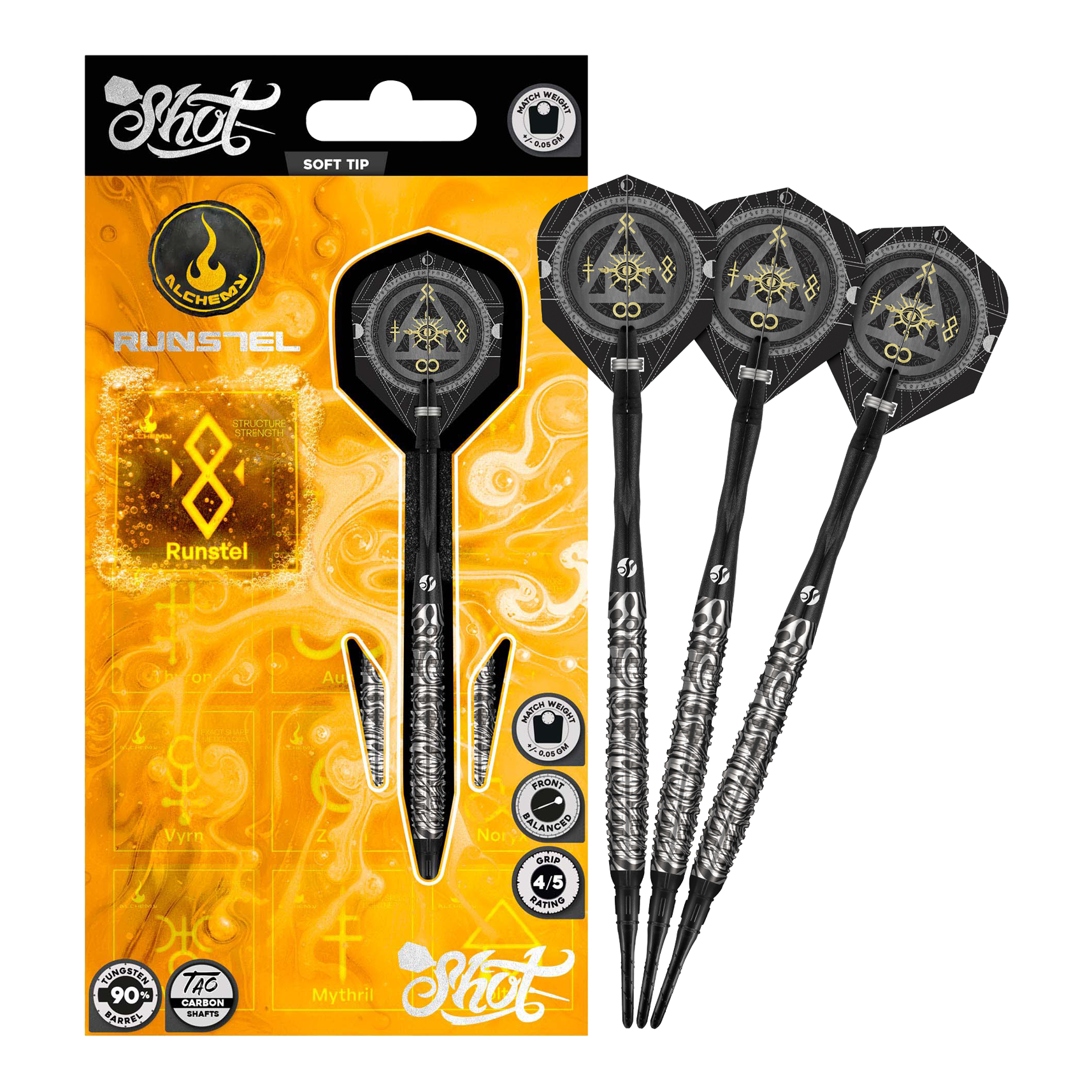 Shot Alchemy Runstel Softdarts - 20g Das Bild zeigt die Shot Alchemy Runstel Softdarts mit 20 Gramm Gewicht. Die Darts sind vollständig und detailliert abgebildet.
