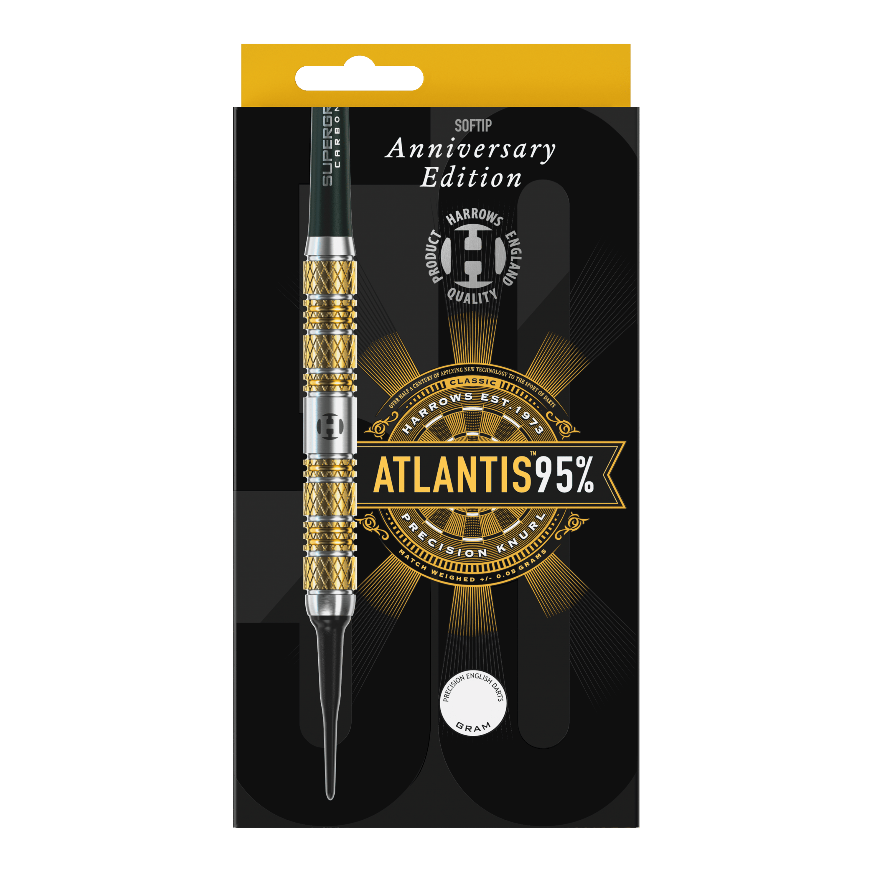 Harrows Anniversary Edition Atlantis Softdarts - 18g Die Abbildung zeigt die Harrows Anniversary Edition Atlantis Softdarts mit einem Gewicht von 18g. Die Verpackung ist schwarz-gold gestaltet und präsentiert den Schriftzug "ATLANTIS 95%".