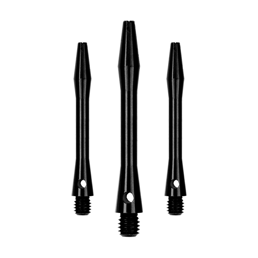 503_Aluminium_Shafts_Schwarz_40mm_1PYgEKHRyMLRnc Das Bild zeigt drei schwarze Aluminiumschäfte für Darts. Sie haben ein schlankes Design mit einem Gewinde am unteren Ende.
