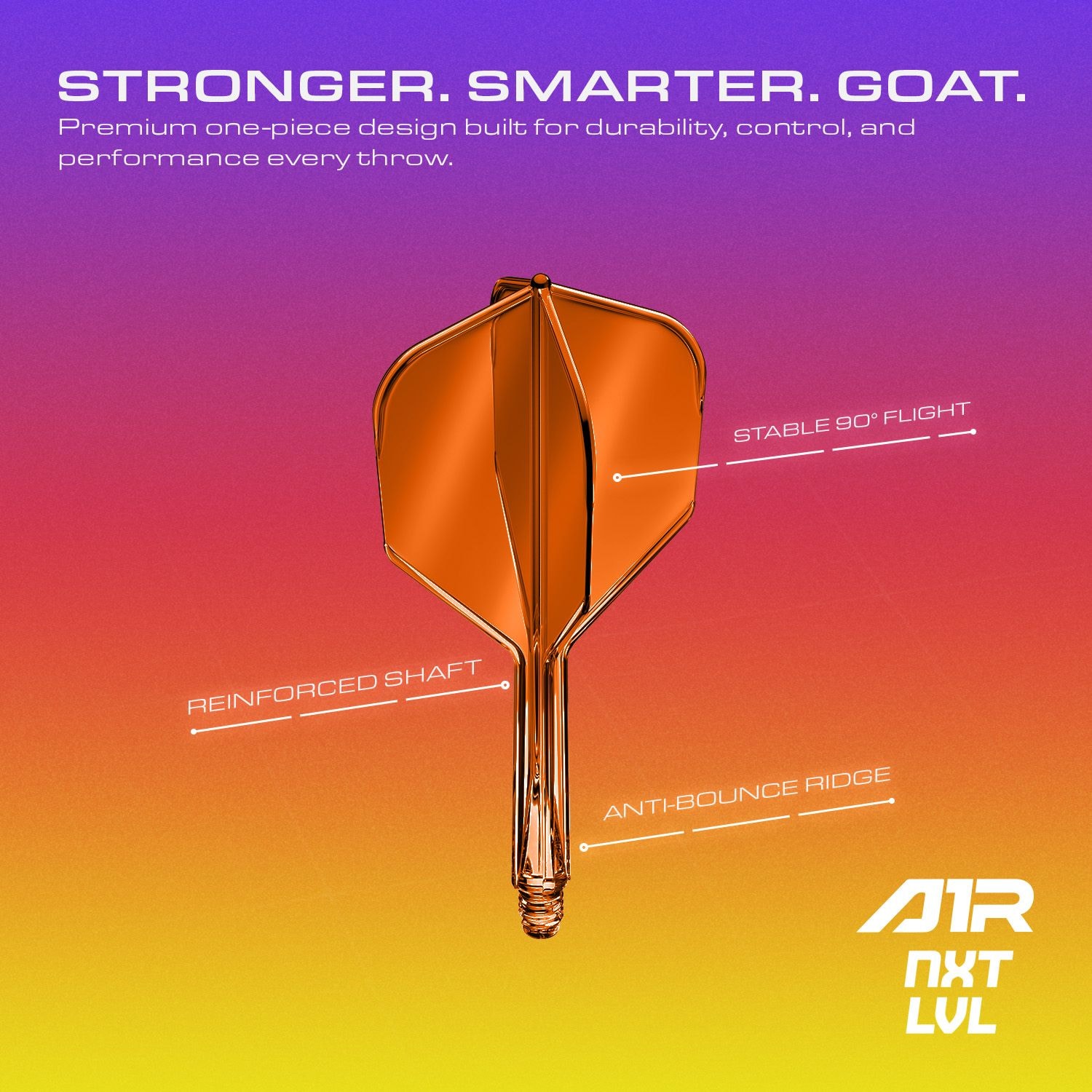 GOAT A1R No6 Flight-Shaft-System - Neon Orange Das GOAT A1R No6 Flight-Shaft-System in Neon Orange ist auf diesem Bild abgebildet. Die farbenfrohe Gestaltung macht es besonders ansprechend für Dartspieler.