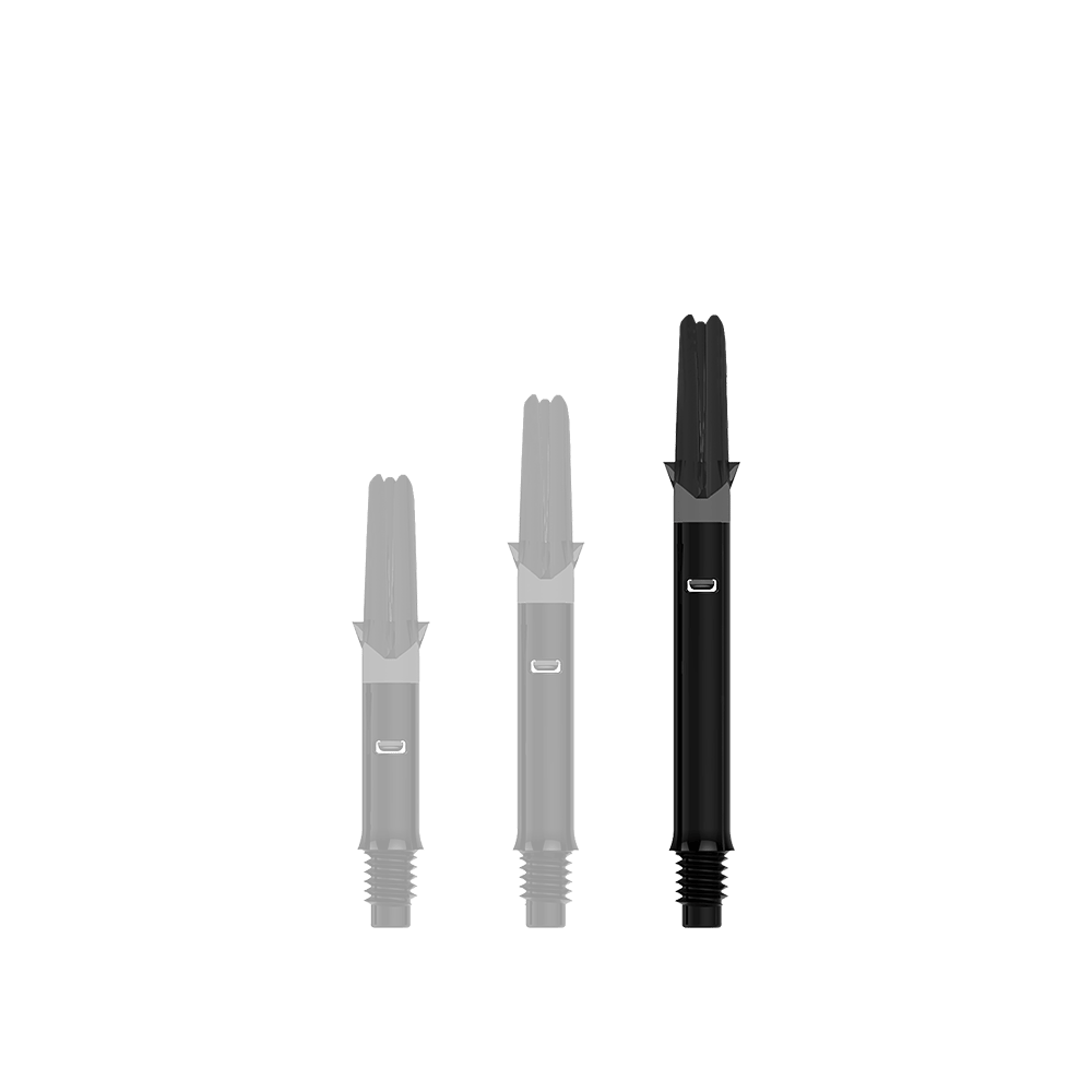 L-Style L-Shafts Silent Straight - Schwarz Auf dem Bild sind drei schwarze Dartschäfte in unterschiedlicher Länge zu sehen. Sie stehen nebeneinander aufrecht auf einem neutralen Hintergrund.