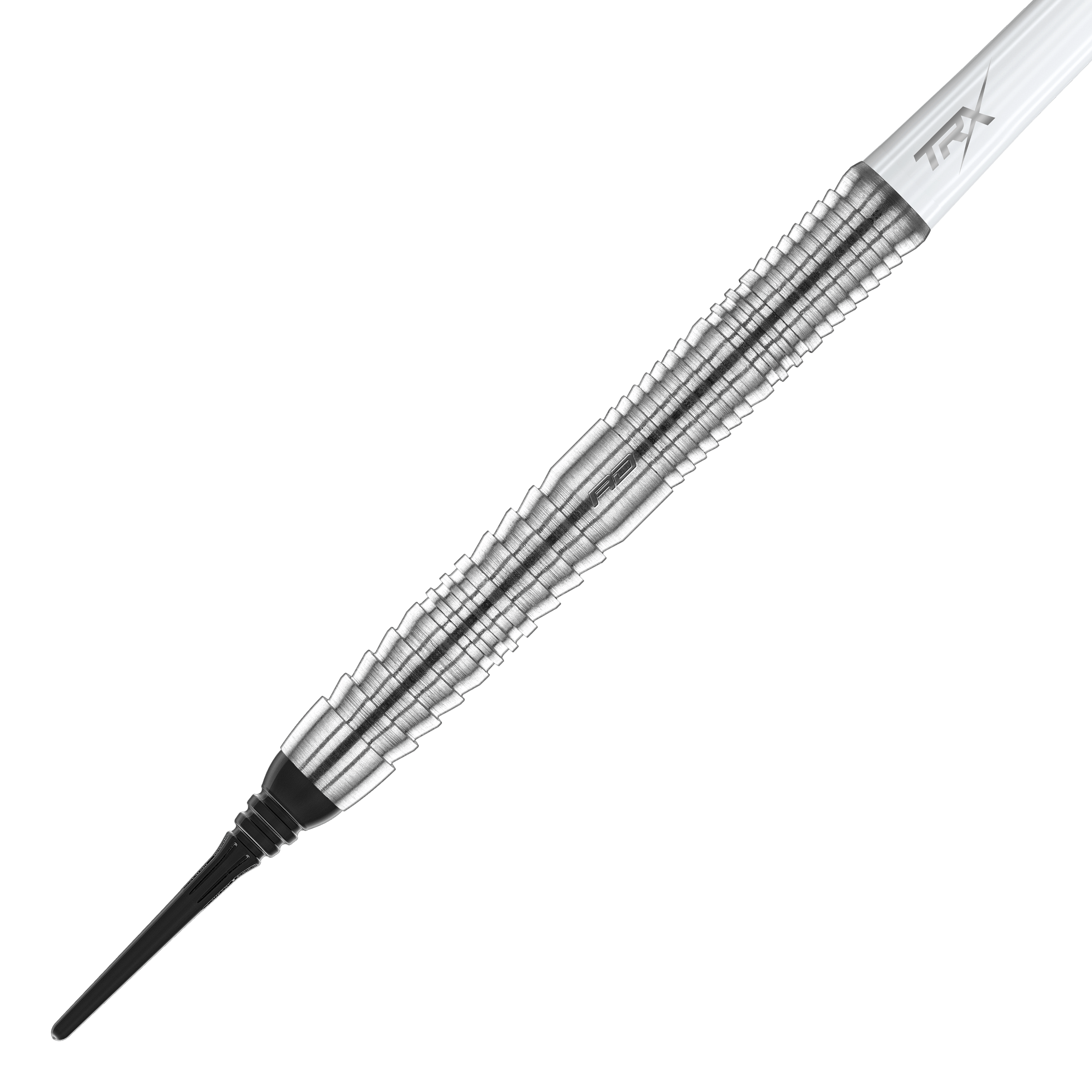Red Dragon Seren 1 Pure Softdarts - 20g Das Bild zeigt einen Red Dragon Seren 1 Pure Softdart mit einem Gewicht von 20 Gramm. Der Dartpfeil hat ein silberfarbenes, geriffeltes Metallgehäuse und eine schwarze Softspitze.